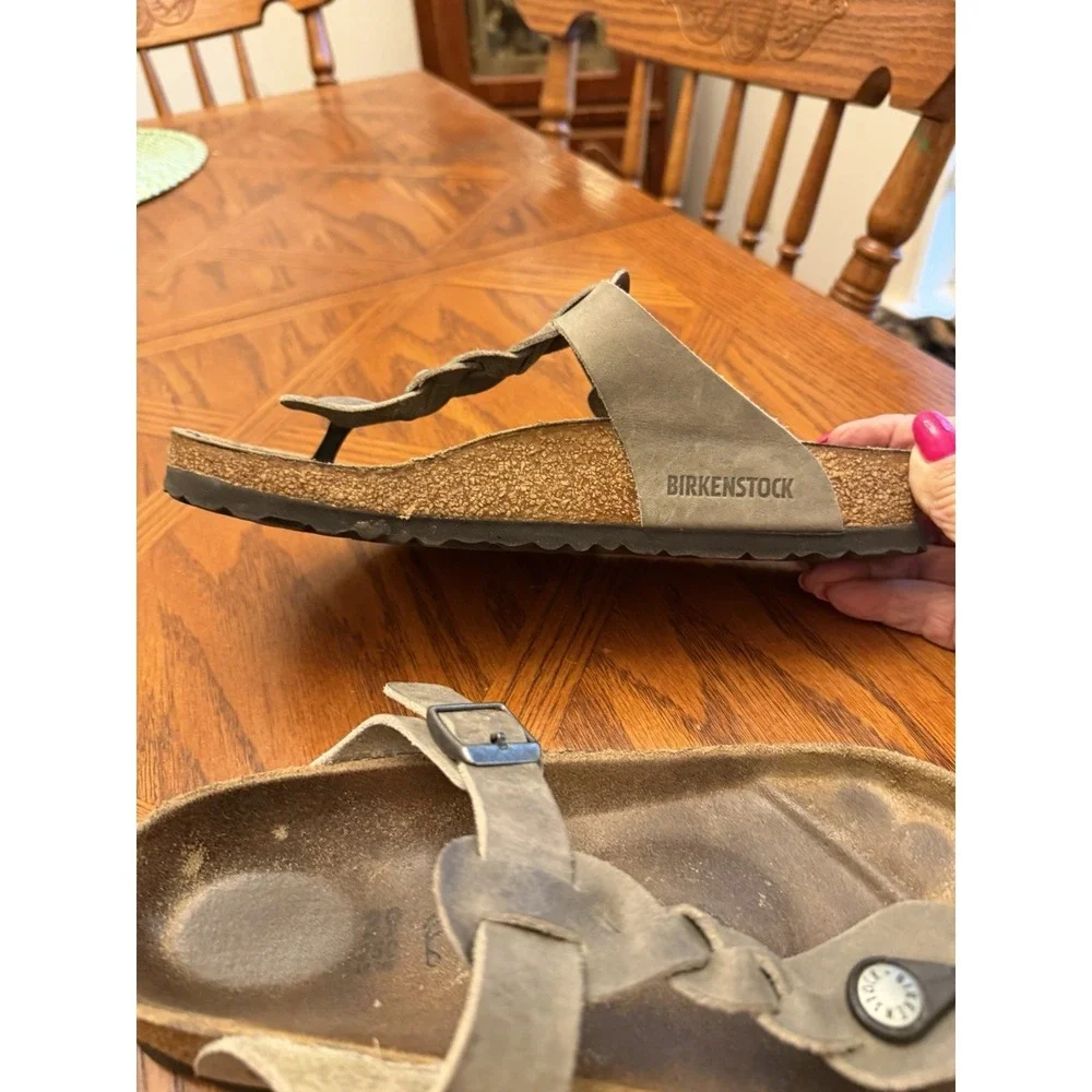 Birkenstock Gizeh Oiled Gray Leather Braided Sandal Women Sz EU 39/US L 8 - Picture 4 of 8